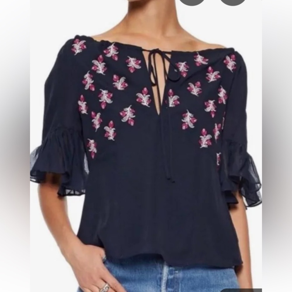Cinq A Sept Daria Split Neck Silk Blouse Navy Blue / Pink